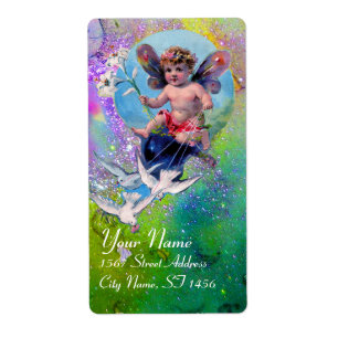 BABY FAIRY WITH DOVES IN SPARKLES violet green Label