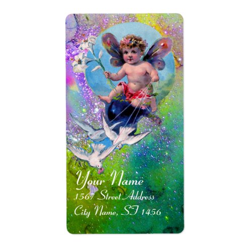 BABY FAIRY WITH DOVES IN SPARKLES violet green Label