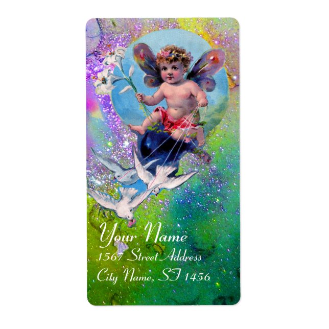 BABY FAIRY WITH DOVES IN SPARKLES violet green Label (Front)