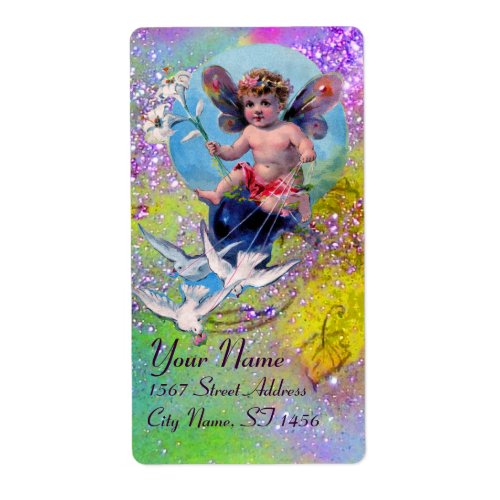 BABY FAIRY WITH DOVES IN SPARKLES violet green Label