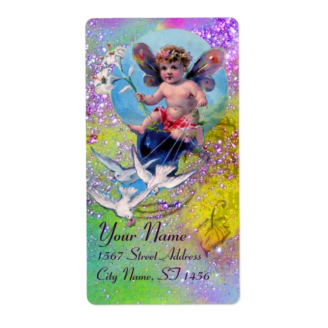 BABY FAIRY WITH DOVES IN SPARKLES violet green Label (Front)