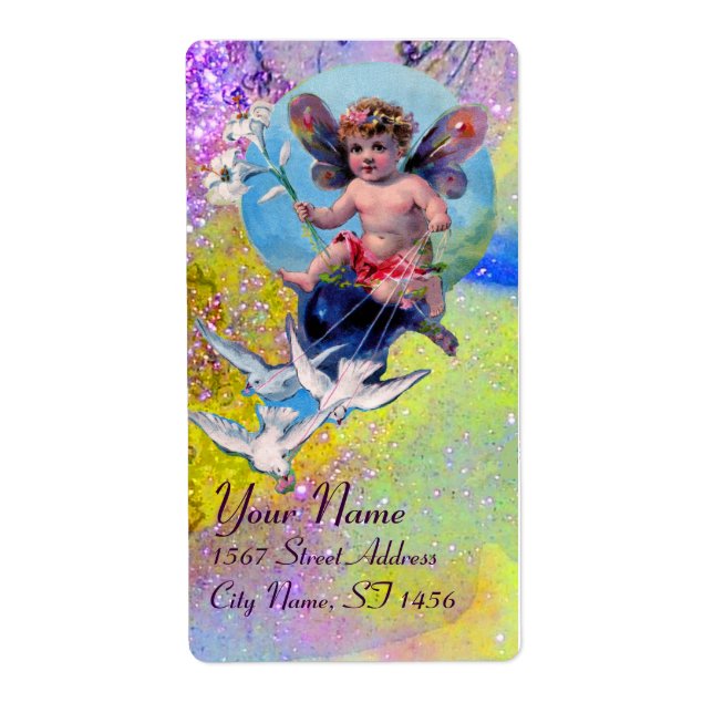 BABY FAIRY WITH DOVES IN SPARKLES violet yellow Label (Front)