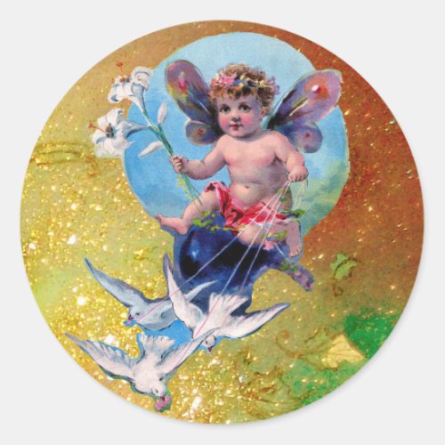 BABY FAIRY WITH DOVES IN SPARKLES yellow brown Classic Round Sticker