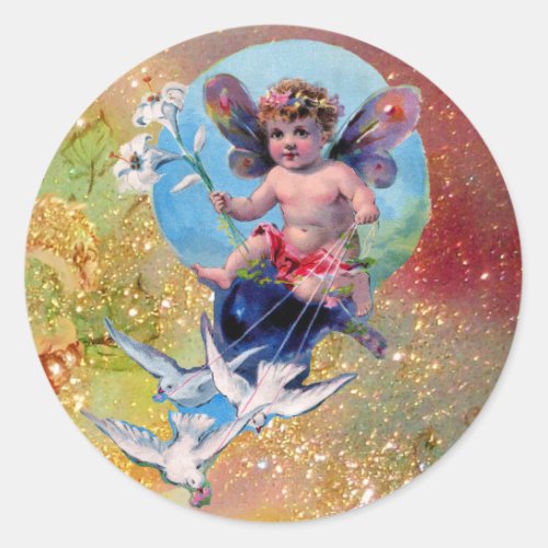 BABY FAIRY WITH DOVES IN SPARKLES yellow brown Classic Round Sticker