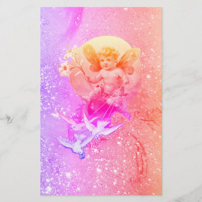 BABY FAIRY WITH DOVES PURPLE PINK SPARKLES Fantasy Stationery (Front)