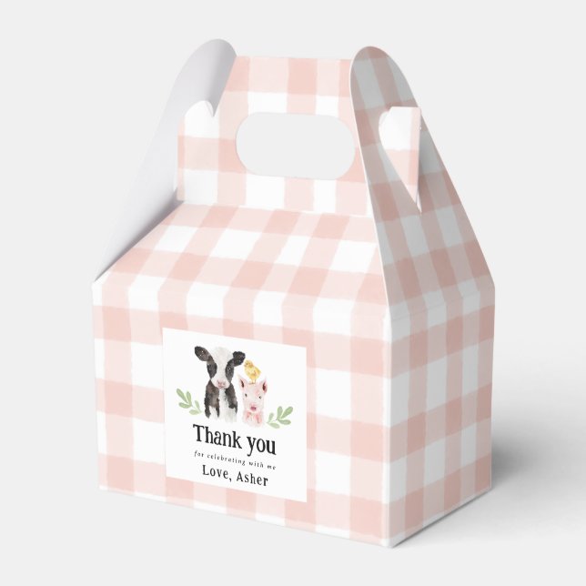 Baby Farm Animals Pink Gingham Favor Boxes (Front Side)