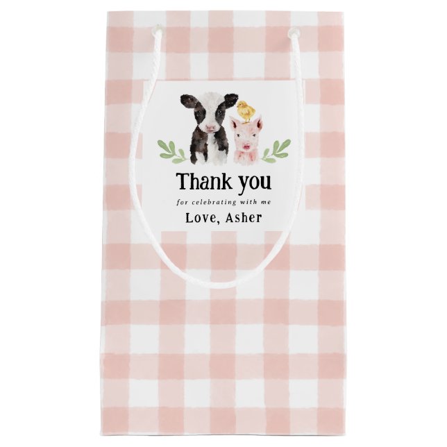 Baby Farm Animals Pink Gingham Small Gift Bag (Front)