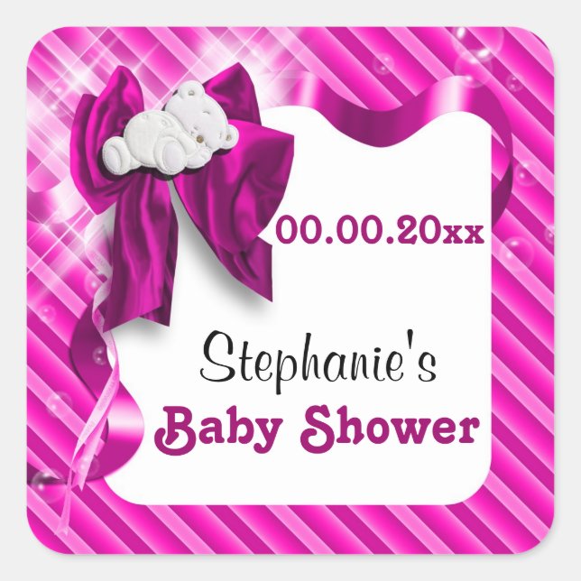 Baby favors announcement pink bear square sticker (Front)