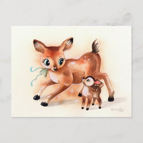 Baby Fawn and Mama Deer Cute Kitsch Postcard
