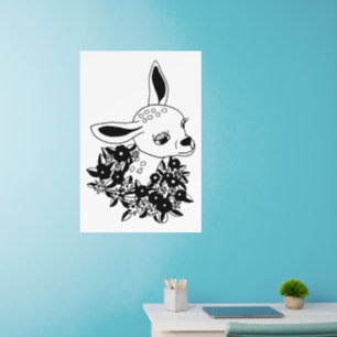 baby fawn doe deer flowers animal art drawing   wall decal 
