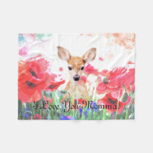 Baby fawn in a field of poppies personalized fleece blanket