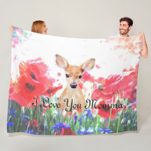 Baby fawn in a field of poppies personalized fleece blanket