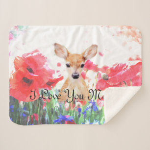 Baby fawn in a field of poppies personalized sherpa blanket