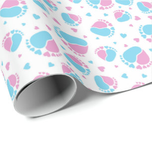 Baby Feet and Hearts in blue and pink color Wrapping Paper