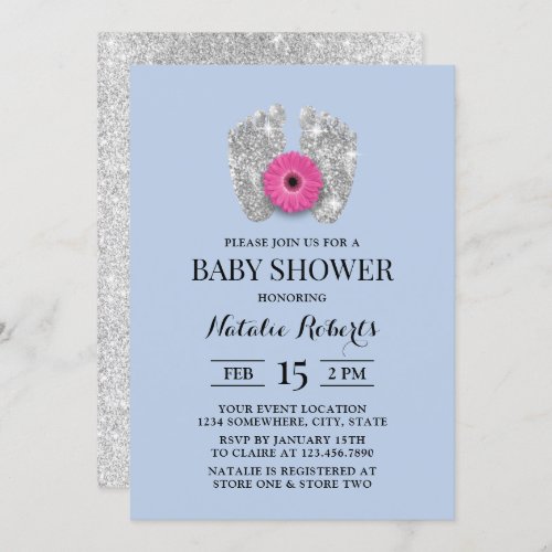 Baby Feet  Daisy Flower Light Blue Baby Shower Invitation