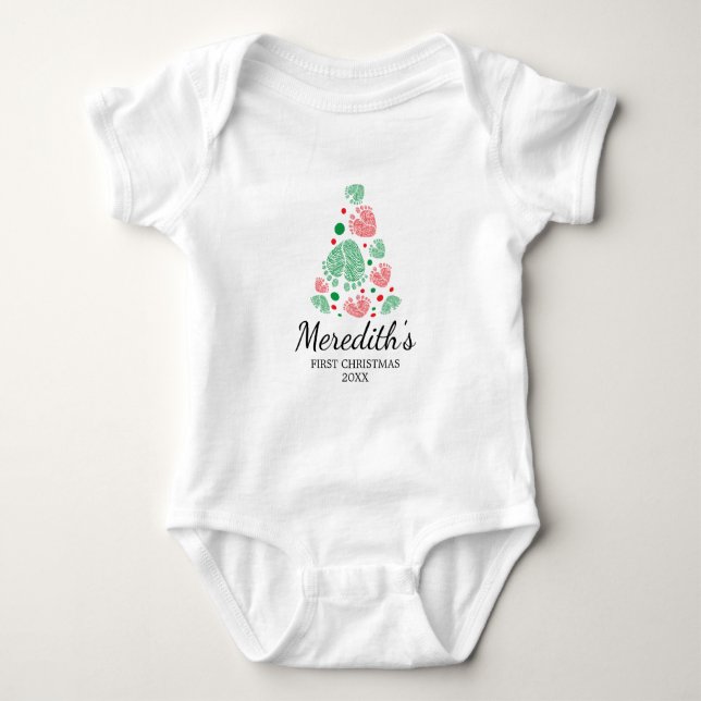 Baby feet forming Christmas tree,first Christmas Baby Bodysuit (Front)