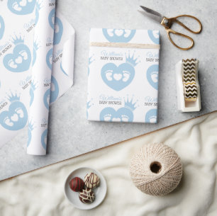  Baby Feet Heart Baby Prince Shower Blue White Wrapping Paper