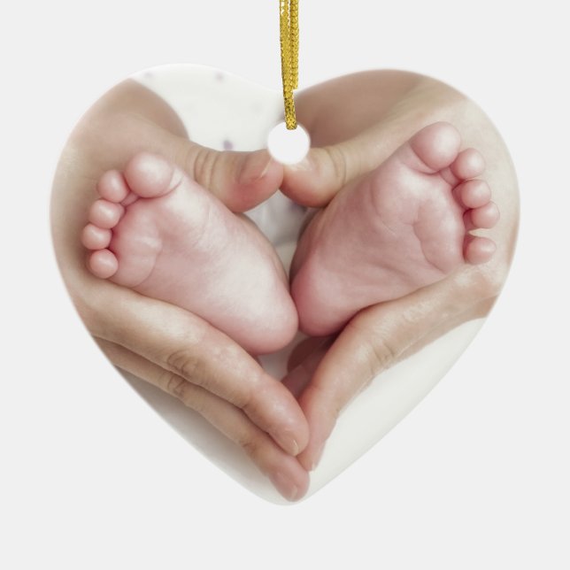 Baby feet in mother hands ceramic ornament (Front)