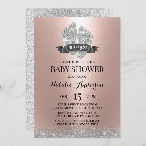Baby Feet Modern Rose Gold Girl Baby Shower Invitation