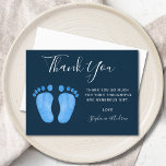 Baby Feet Navy Blue Baby Shower Thank You Postcard<br><div class="desc">This baby shower thank you card is decorated with modern typography and cute blue watercolor baby's feet on a stylish navy blue background. Easily customizable. To customize further use the Design Tool to edit the font, font size, or color. Because we create our artwork you won't find this exact image...</div>