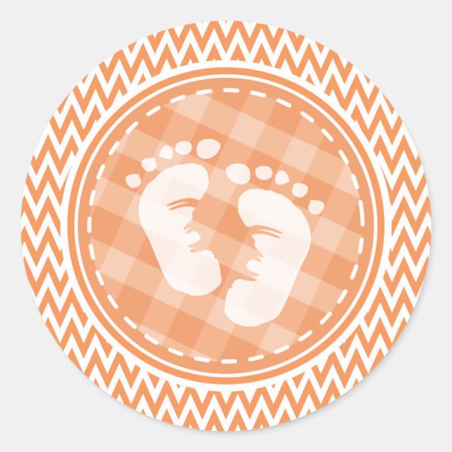 Baby Feet; Orange and White Chevron Classic Round Sticker (Front)