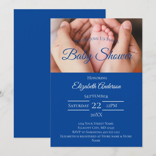 Baby Feet Photo Blue White Boy Baby Shower Invitation (Front/Back)