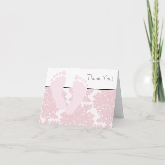 Baby Feet Pink Damask Baby Shower Thank You Cards (Front)