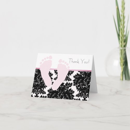 Baby Feet Pink Damask Baby Shower Thank You Cards