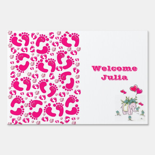 Baby Feet Pink Girl Welcome Yard Sign Elephant (Front)