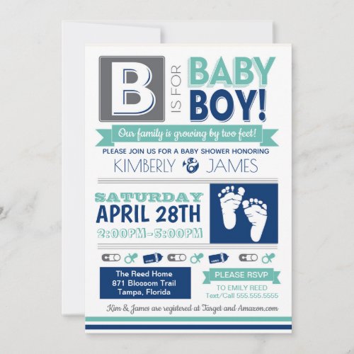 Baby Feet Poster Style Boy Shower Invitation