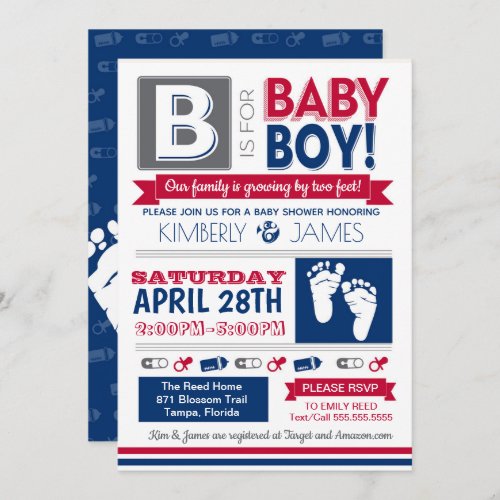 Baby Feet Poster Style Boy Shower Invitation 2