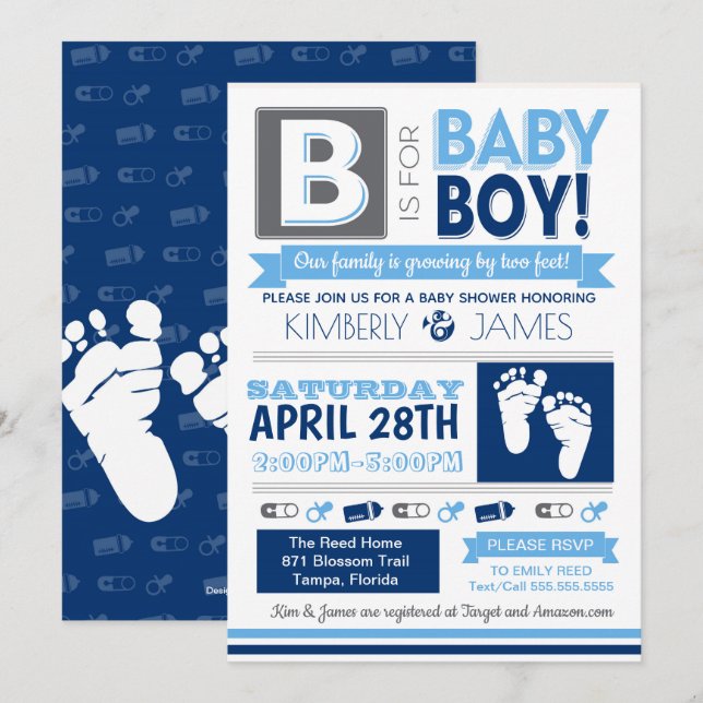 Baby Feet Poster Style Boy Shower Invitation 3 (Front/Back)