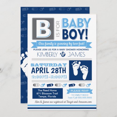 Baby Feet Poster Style Boy Shower Invitation 3