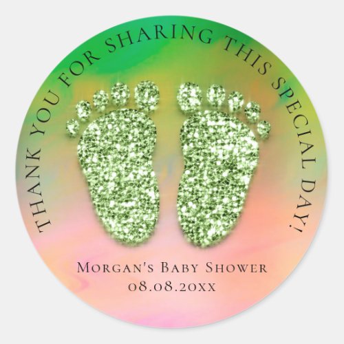 Baby Feet Shower Favor Thank Glitter Mint Paint Classic Round Sticker