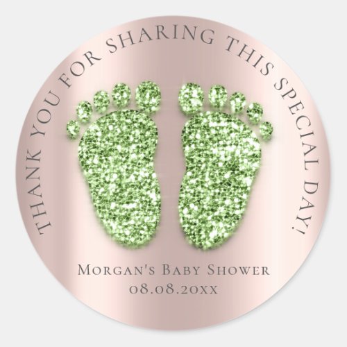 Baby Feet Shower Favor Thank Glitter Mint Rose Classic Round Sticker