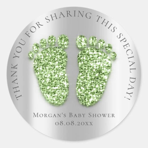 Baby Feet Shower Favor Thank Glitter Mint Silver Classic Round Sticker