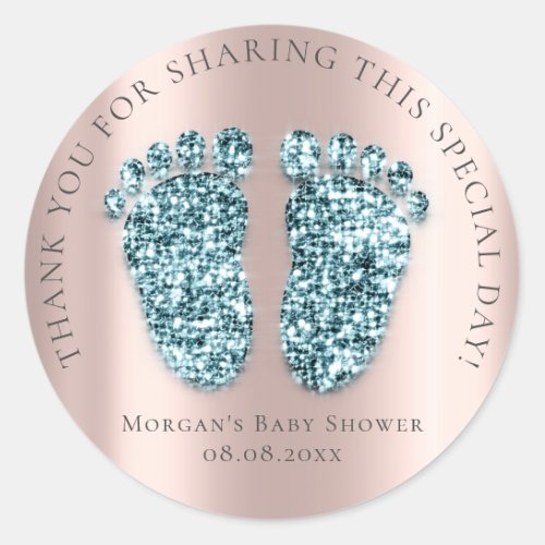 Baby Feet Shower Favor Thank Glitter Teal Rose Classic Round Sticker