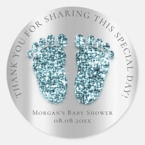 Baby Feet Shower Favor Thank Glitter Teal Silver Classic Round Sticker