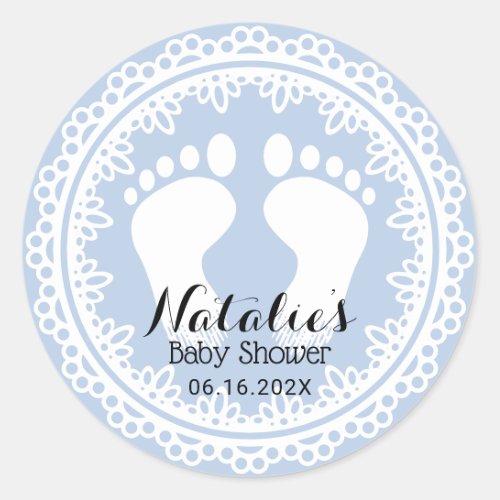 Baby Feet Vintage Lace Blue Baby Shower Favor Classic Round Sticker