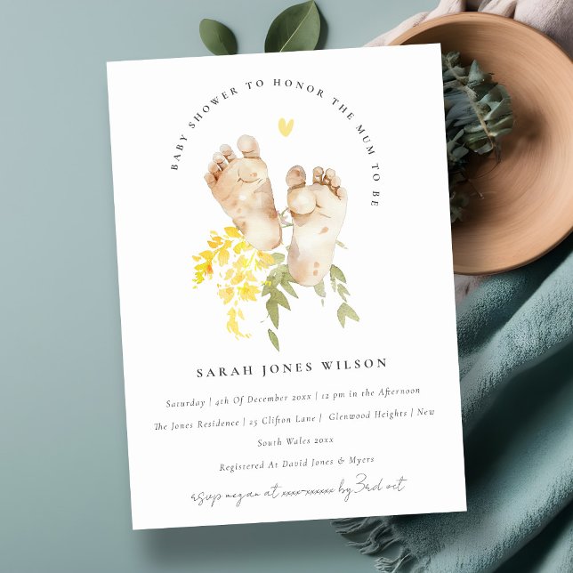  Baby Feet Yellow Flora Gender Neutral Baby Shower Invitation (Creator Uploaded)