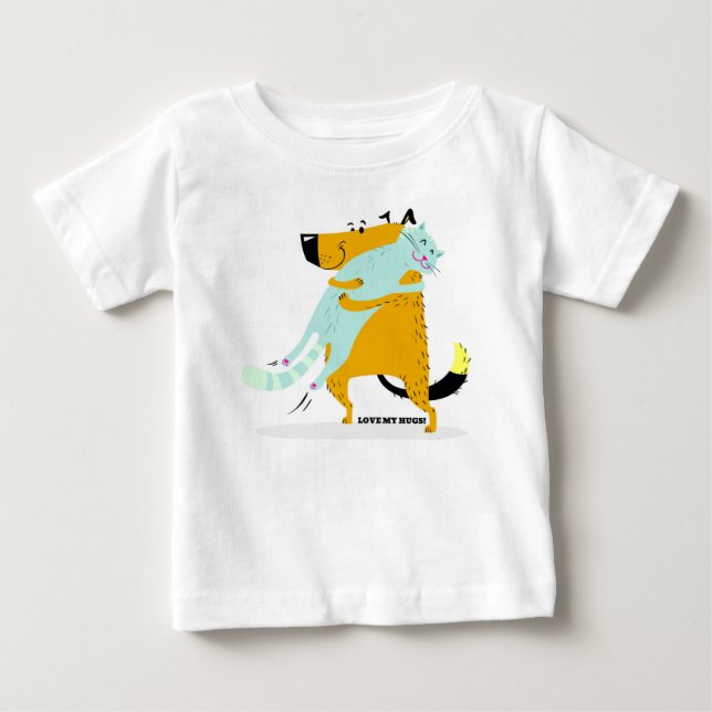 Baby Fine Jersey T-Shirt with Cat and Dog Hugging (Front)