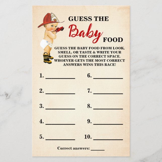 Baby Firefighter Guess Baby Food Shower Game Card Flyer (Front)