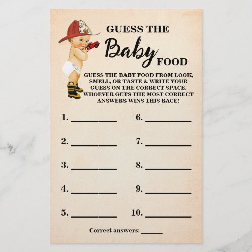Baby Firefighter Guess Baby Food Shower Game Card Flyer