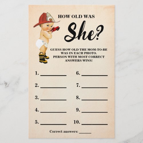Baby Firefighter How old Mom Baby Shower Game Card Flyer