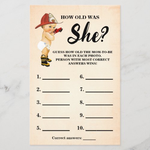 Baby Firefighter How old Mom Baby Shower Game Card Flyer