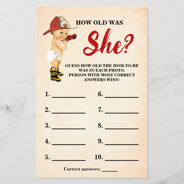 Baby Firefighter How old Mom Baby Shower Game Card Flyer (Front)
