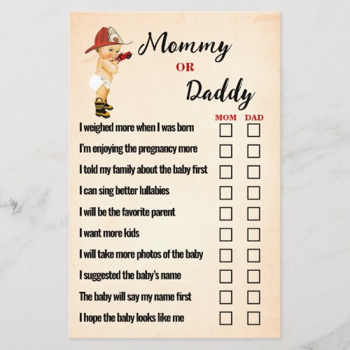 Baby Firefighter Mom or Dad Baby Shower Game Card Flyer