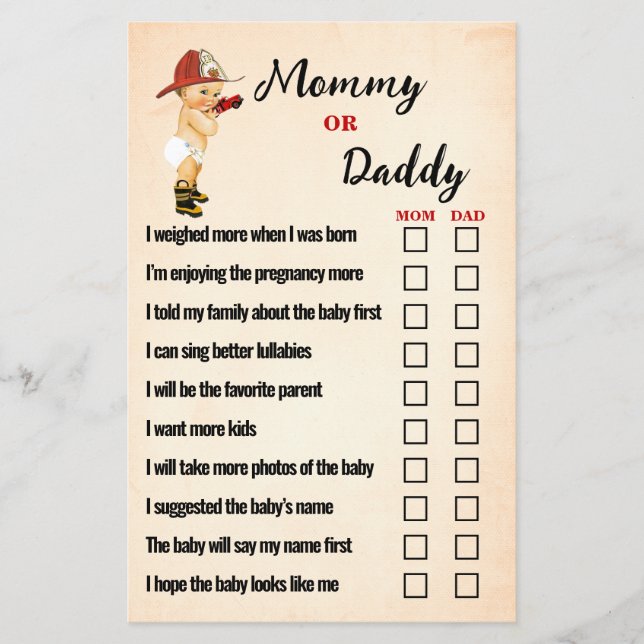 Baby Firefighter Mom or Dad Baby Shower Game Card Flyer (Front)