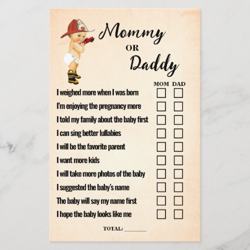 Baby Firefighter Mom or Dad Baby Shower Game Card Flyer
