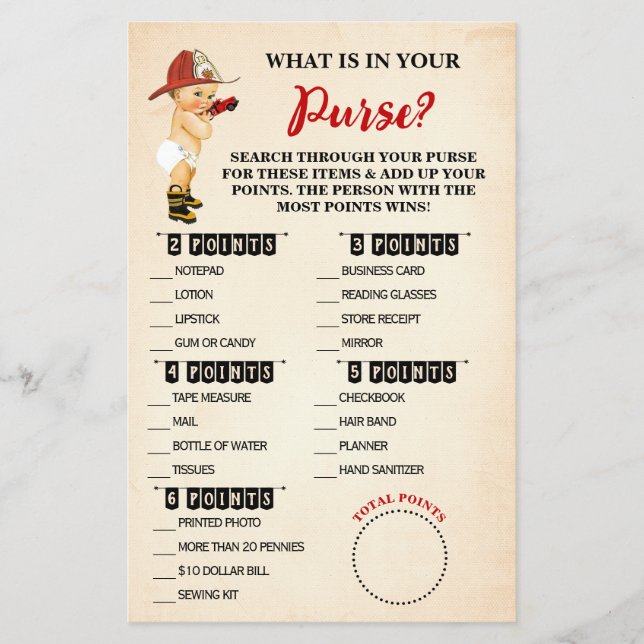 Baby Firefighter What is in your Purse Shower Card Flyer (Front)